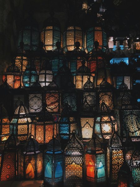 Lanterns embedded with Islamic art.